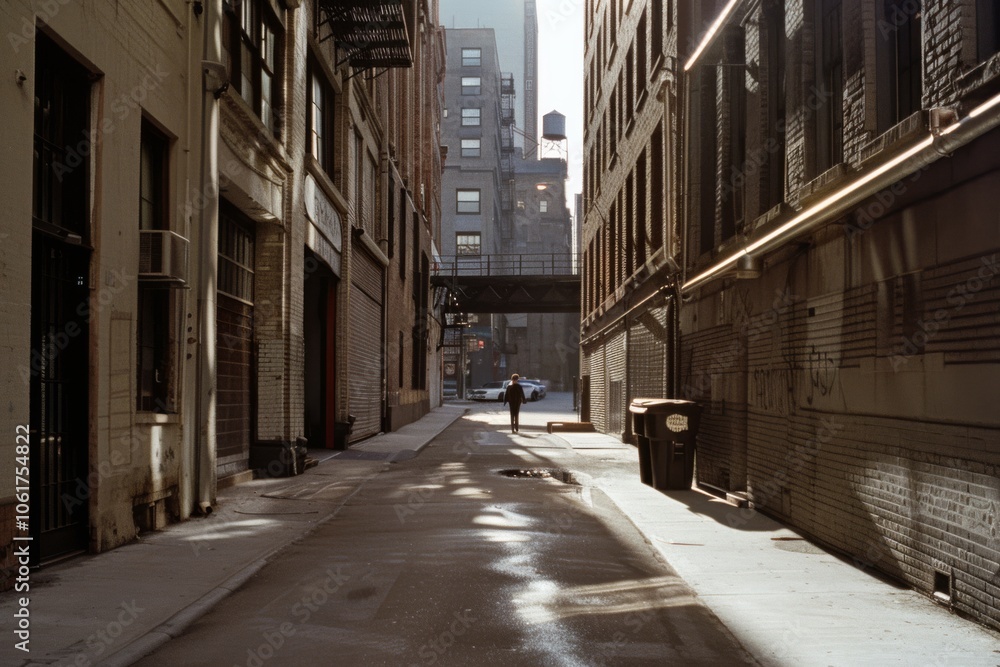 A solitary figure is dwarfed by towering buildings in a narrow alley, evoking urban life’s quiet solitude amidst architectural giants. A solitary figure is dwarfed by towering buildings in a narrow alley, evoking urban life’s quiet solitude amidst architectural giants.