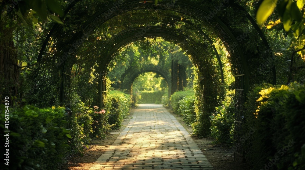 Obraz premium Beautiful archway leading to a lush garden background