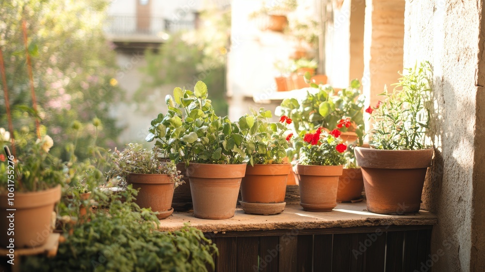 Beautiful terrace adorned with potted plants background Beautiful terrace adorned with potted plants background