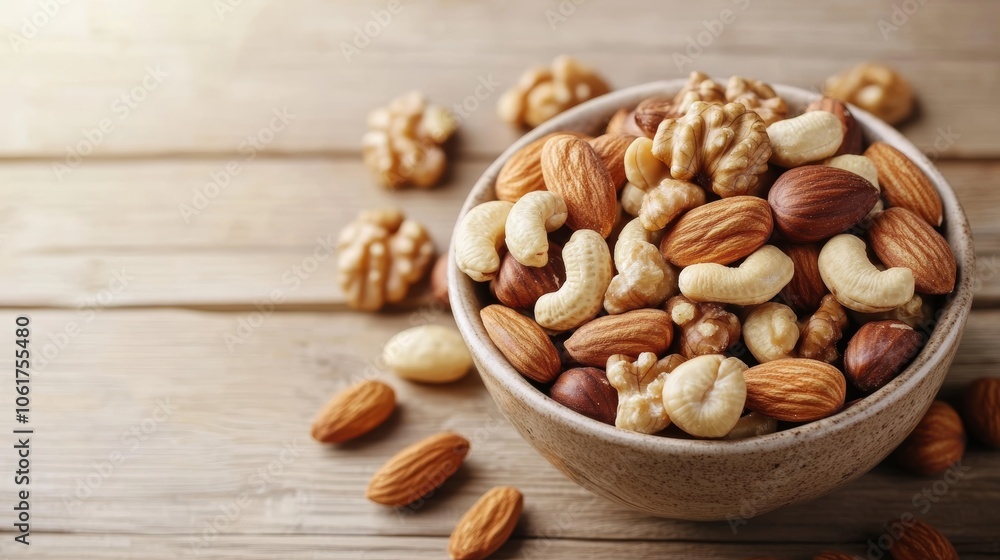 Bowl of mixed nuts on wooden table background Bowl of mixed nuts on wooden table background
