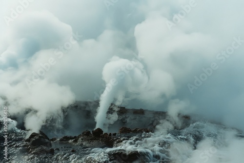 Billowing steam rises from natural geothermal vents, shrouding rocky terrain in a mysterious, otherworldly mist. photo