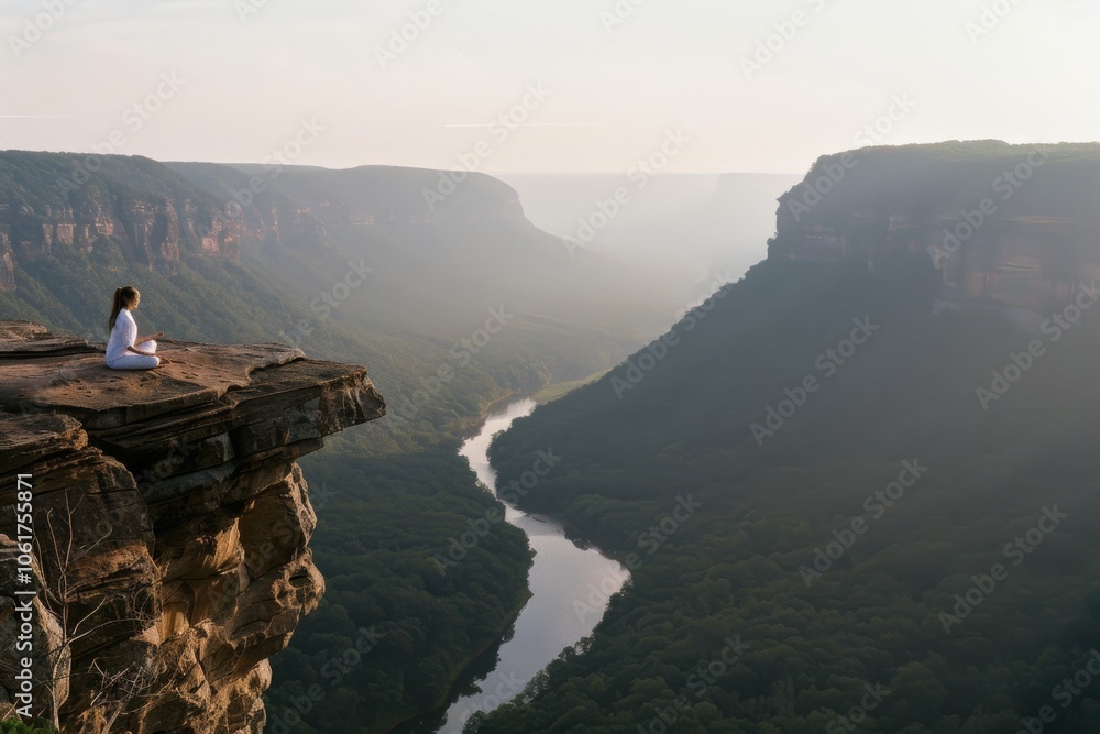 A solitary figure meditates at the edge of a cliff, overlooking a winding river and expansive valley under a serene, misty sky. A solitary figure meditates at the edge of a cliff, overlooking a winding river and expansive valley under a serene, misty sky.