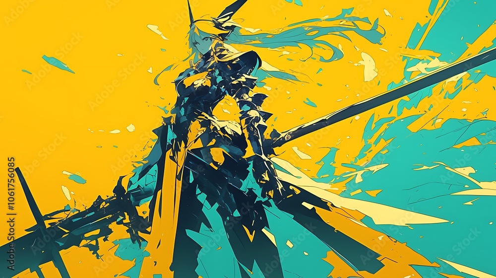 female warrior with shield, sword and armor, she stands in an epic pose in the middle of the battle, colorful anime style female warrior with shield, sword and armor, she stands in an epic pose in the middle of the battle, colorful anime style
