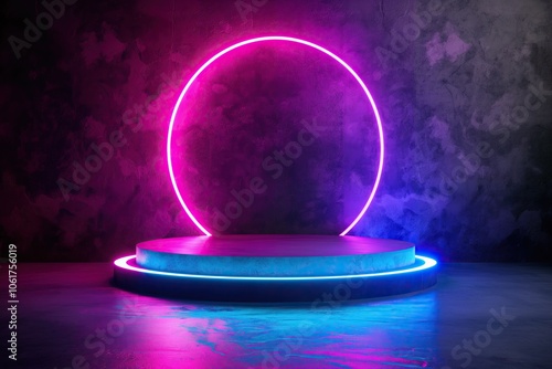 Neon round podium on concrete background with purple and blue lights. 3d rendering mock up