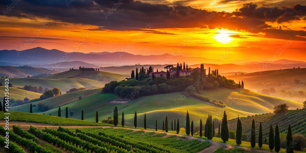 Naklejka premium Breathtaking Silhouette Photography of Tuscany Valley at Sunset – Rolling Hills, Vineyards, and Cypresses in Golden Light