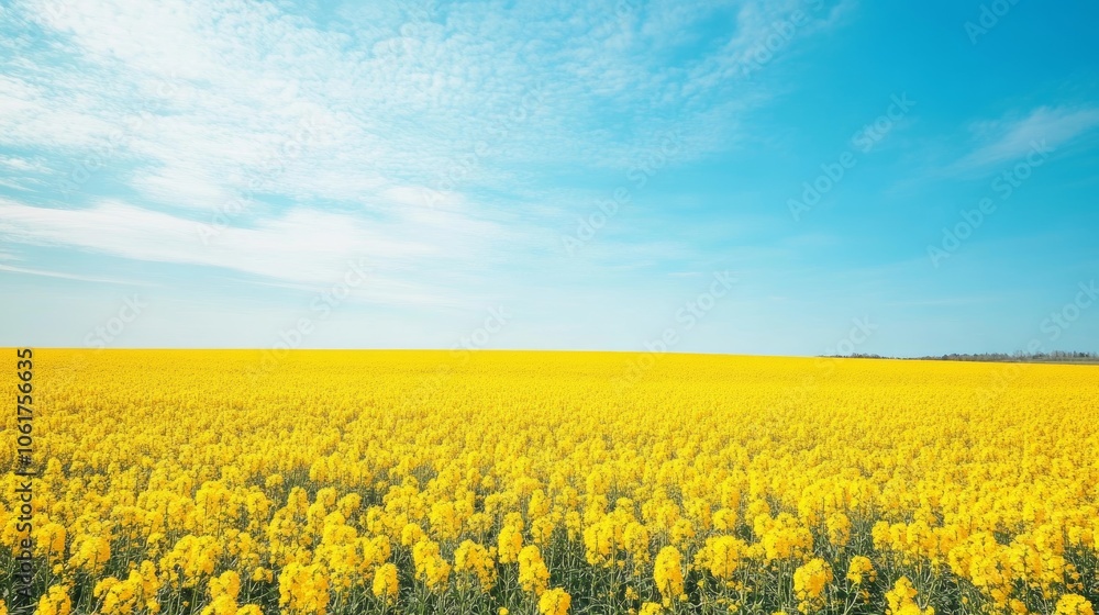 Fototapeta premium Bright yellow canola field under blue sky background