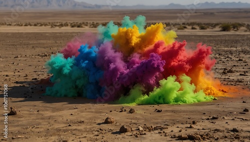 air balloon , Colorful powder explosion on a dry, sandy landscape.