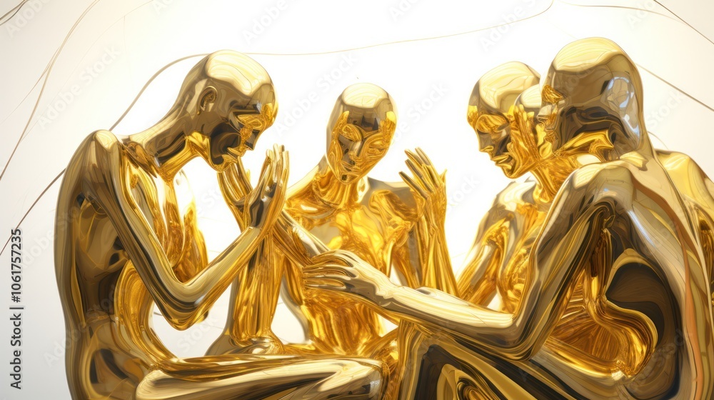 Obraz premium gold pieces meticulously arranged to form a human-like shape, glistening against a pristine white background. The golden hue reflects light,