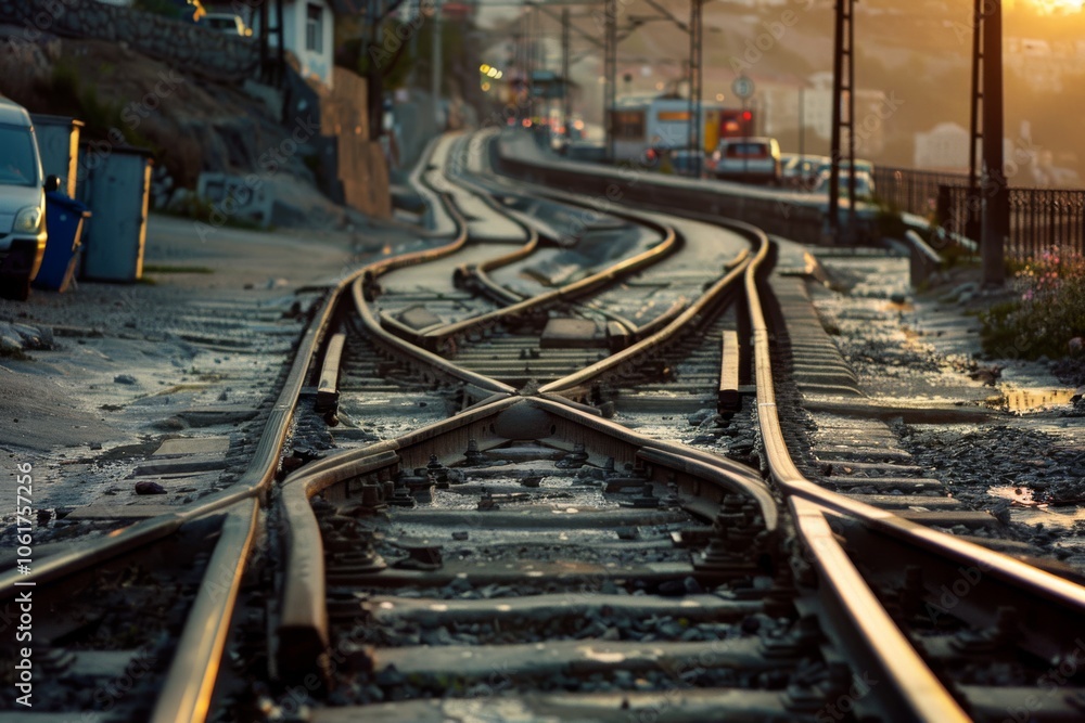 Gleaming railroad tracks converge against a sunset backdrop, capturing the serene transition from day to night. Gleaming railroad tracks converge against a sunset backdrop, capturing the serene transition from day to night.