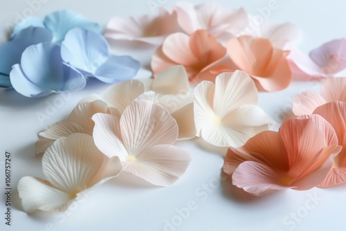 Delicate pastel-hued paper flowers in blue, peach, and cream create a soothing ambiance with their gentle textures on a soft white background.