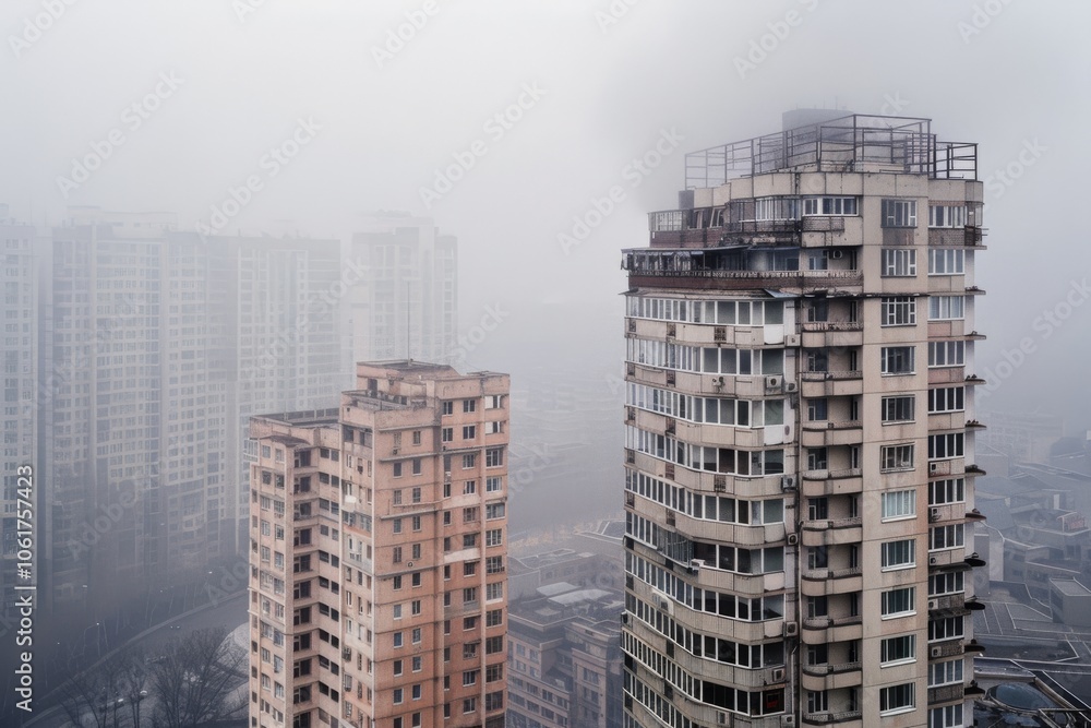 Naklejka premium Tall residential buildings loom through a dense fog in a sprawling cityscape, conveying urban isolation and architectural grandeur.