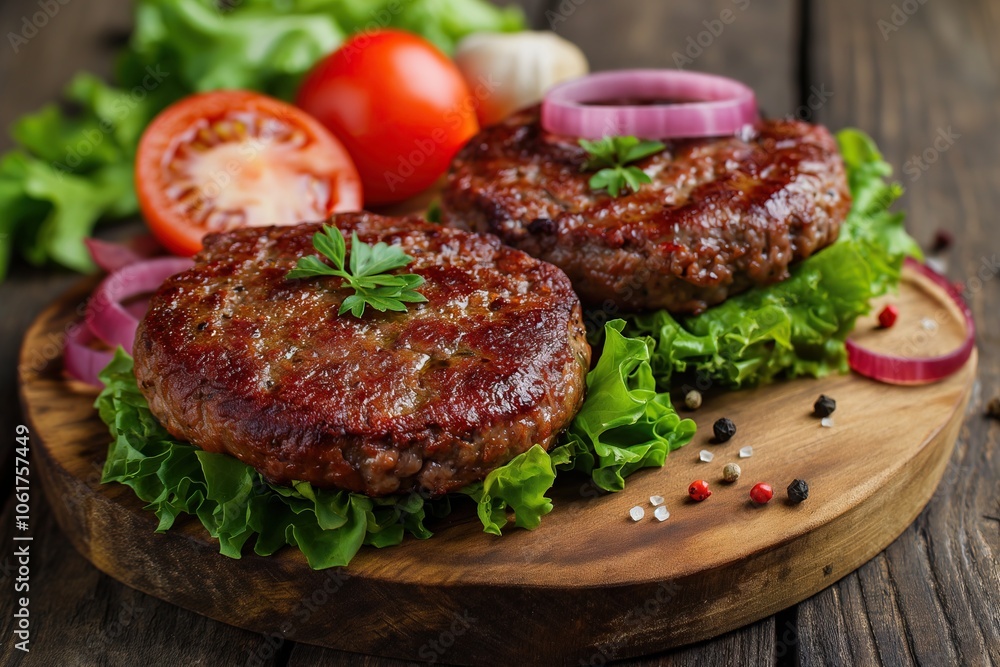 Grilled hamburger patties with herbs and spices on wooden board Grilled hamburger patties with herbs and spices on wooden board