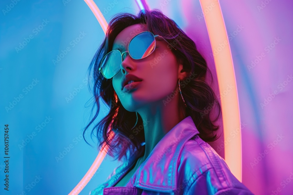 Close-up portrait of a beautiful woman in neon light. Studio shot. Close-up portrait of a beautiful woman in neon light. Studio shot.