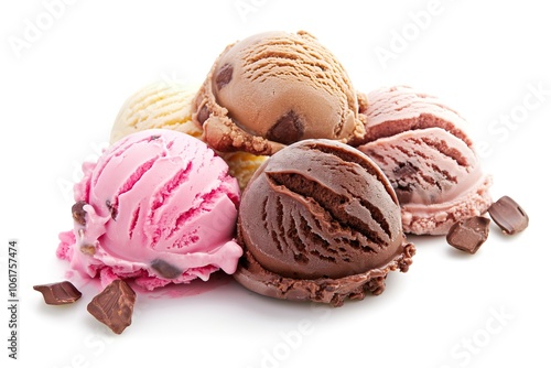 Mixed ice cream scoops isolated on white background, close-up