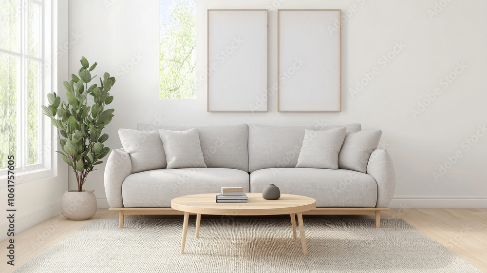 A modern living room featuring light gray sofa with cushions, round wooden coffee table, and potted plant. bright space is enhanced by natural light streaming through large windows, creating serene at A modern living room featuring light gray sofa with cushions, round wooden coffee table, and potted plant. bright space is enhanced by natural light streaming through large windows, creating serene at