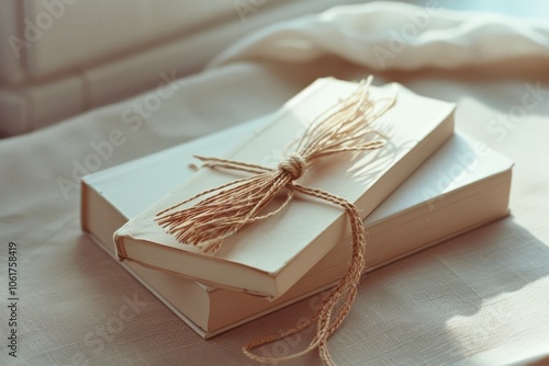 A pair of neatly tied books rest gracefully, basking in soft light, evoking a sense of nostalgia and timeless elegance. photo