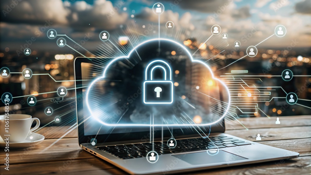 A laptop with cloud security concept, featuring a lock symbol and data connections, symbolizing digital protection and privacy. A laptop with cloud security concept, featuring a lock symbol and data connections, symbolizing digital protection and privacy.