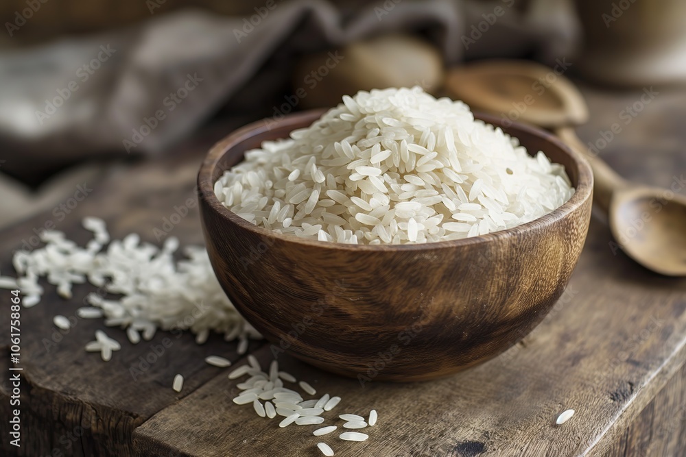 Raw rice in a wooden bowl on a dark wooden background Raw rice in a wooden bowl on a dark wooden background