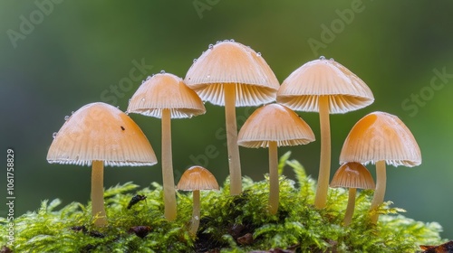 Delicate Mushrooms with Dew on Green Moss