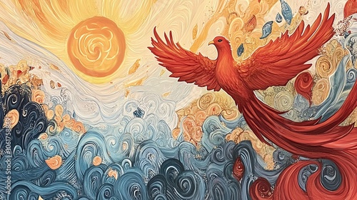 A vibrant phoenix soaring through colorful waves and sun. photo