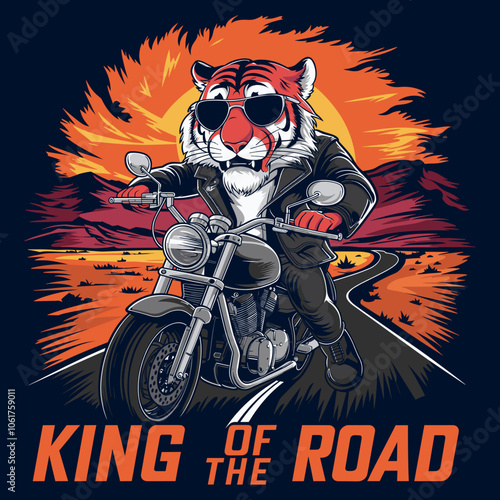 T-Shirt Print Design - Cool Tiger Riding a Motorcycle with Sunset Background - King of the Road