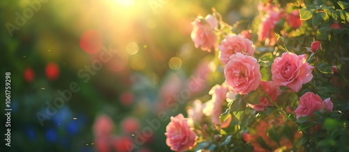 Fototapeta Naklejka Na Ścianę i Meble -  Beautiful pink roses blooming in the garden with sun light.