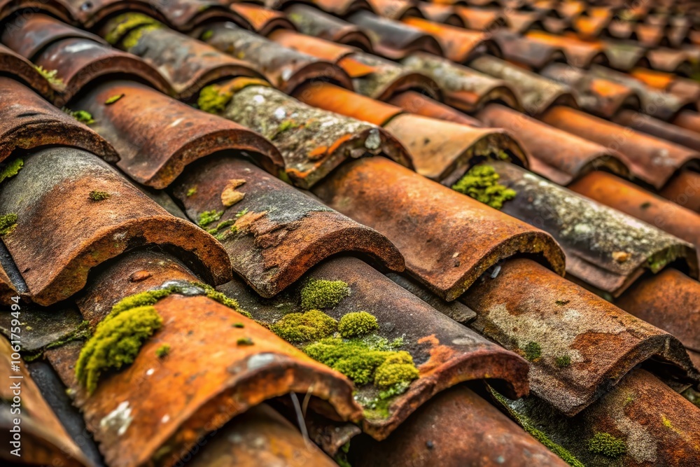 Captivating Macro Photography of a Rusty Old Roof with Weathered Tiles Showcasing Texture, Detail, and Nature's Wear in Urban Settings for Unique Architectural Perspectives Captivating Macro Photography of a Rusty Old Roof with Weathered Tiles Showcasing Texture, Detail, and Nature's Wear in Urban Settings for Unique Architectural Perspectives