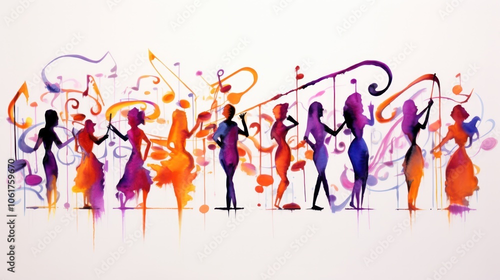 collection of colorful musical notes creatively shaped into human silhouettes, each figure expressing a unique emotion through its pose. collection of colorful musical notes creatively shaped into human silhouettes, each figure expressing a unique emotion through its pose.