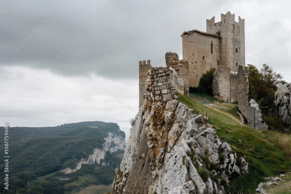 A majestic castle sits perched on a rugged cliff under a moody sky, overlooking a lush valley, embodying history and mystery. A majestic castle sits perched on a rugged cliff under a moody sky, overlooking a lush valley, embodying history and mystery.