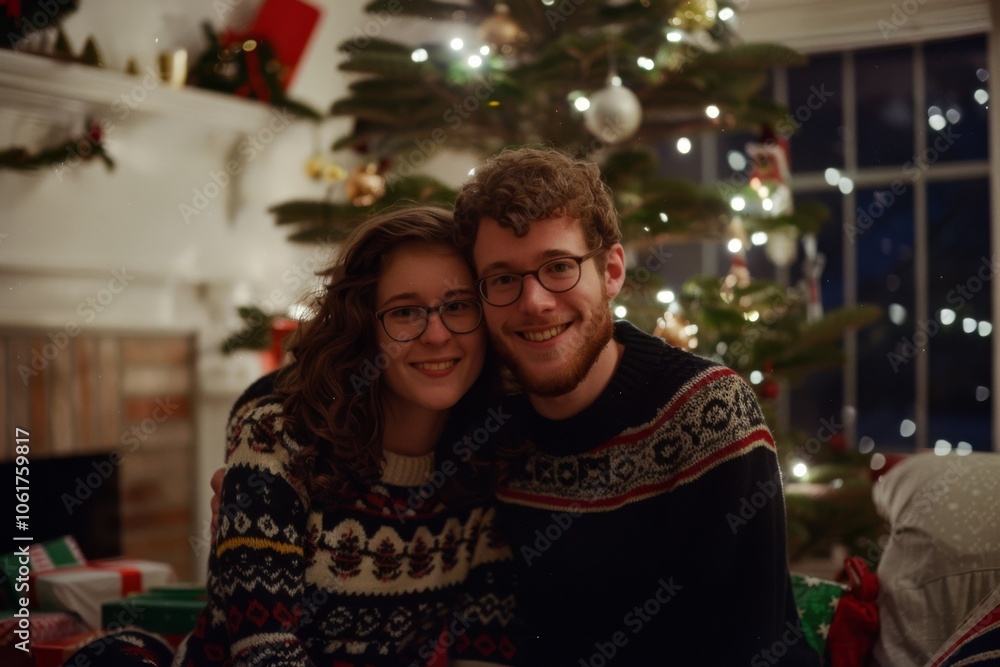 A cozy couple in sweaters smiles warmly, framed by twinkling Christmas lights and a beautifully decorated tree. A cozy couple in sweaters smiles warmly, framed by twinkling Christmas lights and a beautifully decorated tree.