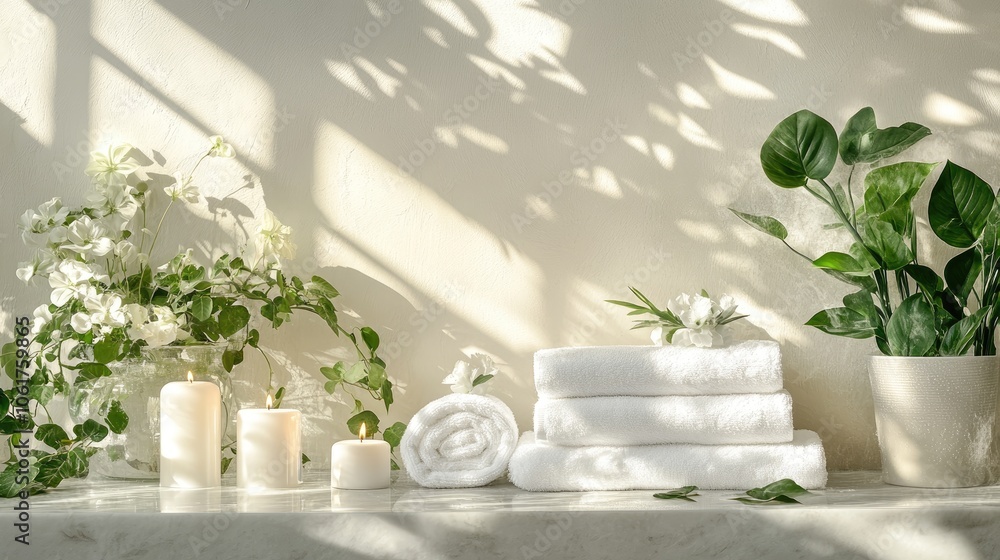 Serene Spa Setting with Candles and Towels Serene Spa Setting with Candles and Towels