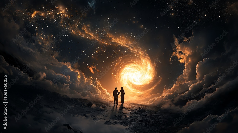 Fototapeta premium A couple stands before a cosmic vortex, lost in the vastness of the universe.