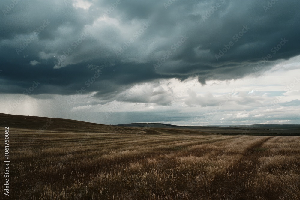 Fototapeta premium Dark, looming storm clouds hover over vast, empty fields, capturing the dramatic contrast between impending weather and open landscape.