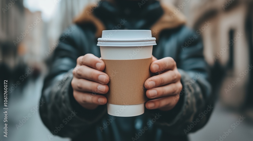 A man is carefully holding a warm cup of coffee in his hands A man is carefully holding a warm cup of coffee in his hands