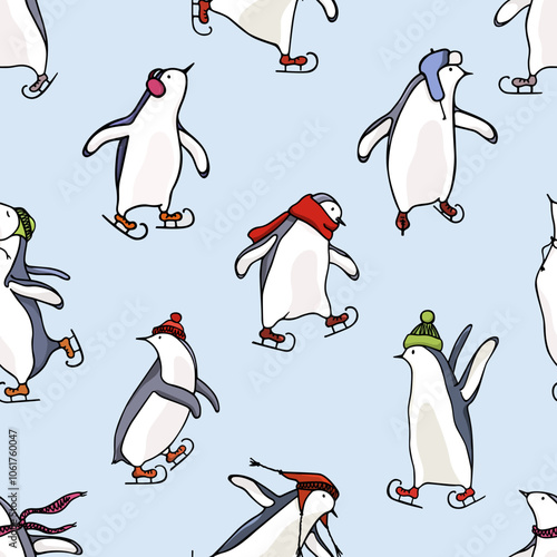 Vector seamless pattern with hand drawn cute penguins skating on ice. Ink drawing, funny illustration, beautiful Christmas and New Year celebration design elements.