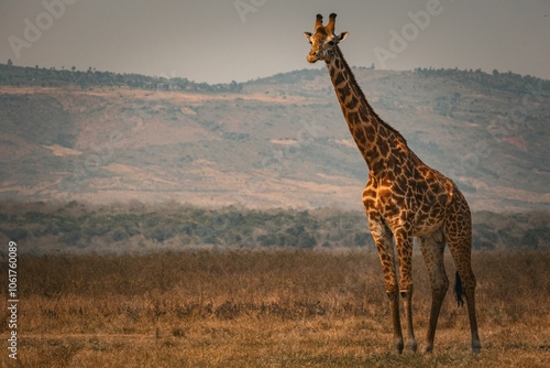 Photography Giraffe roaming freely in Akagera National Park, Rwanda, under a clear sky