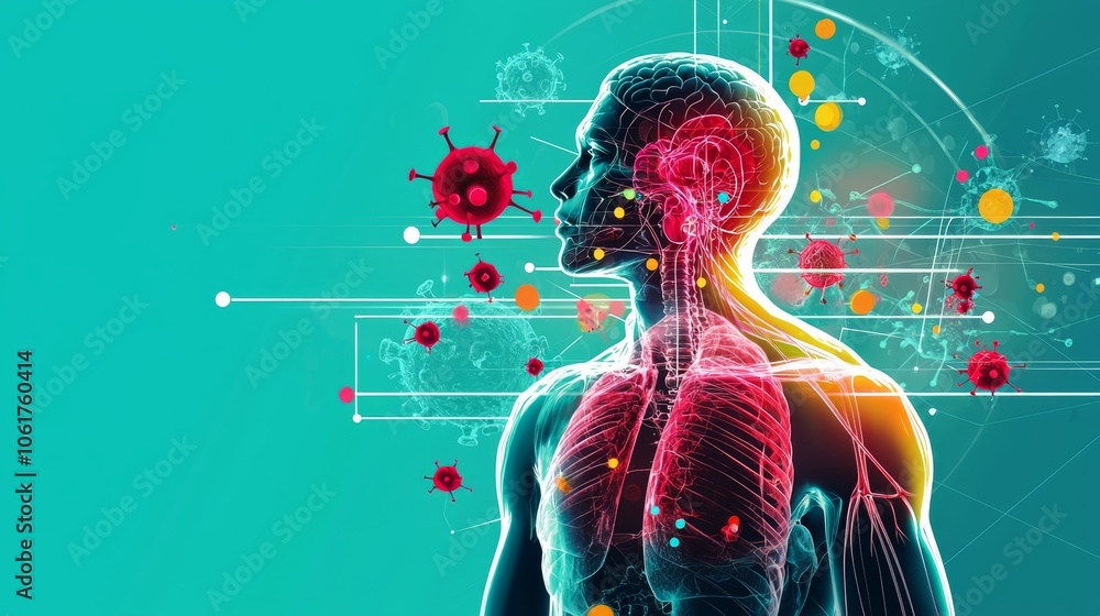 Naklejka premium Immune System Support Concept - Abstract Flat Design Illustration of Light Waves Circulating Around Human Figure