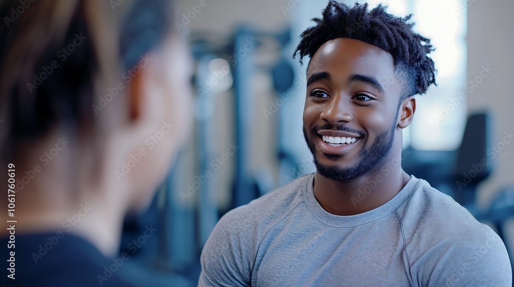 African American male patient smiles at physical therapist during session. African American male patient smiles at physical therapist during session.
