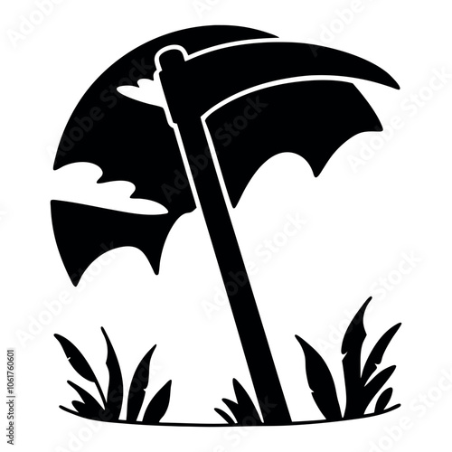 Stylized grim reaper scythe silhouette with clouds and grass