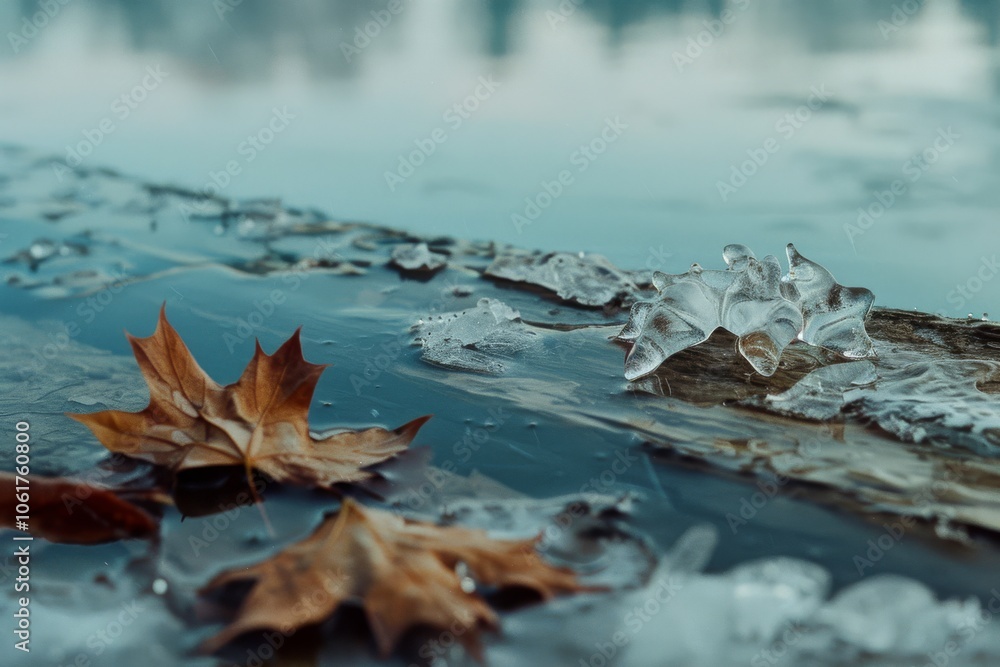 Fallen leaves and fragile ice coexist on a still body of water, encapsulating the delicate balance between autumn’s end and winter’s onset. Fallen leaves and fragile ice coexist on a still body of water, encapsulating the delicate balance between autumn’s end and winter’s onset.