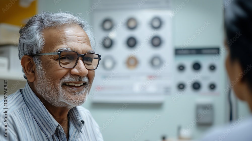 Smiling older man at a medical appointment, engaging with a healthcare professional. Smiling older man at a medical appointment, engaging with a healthcare professional.