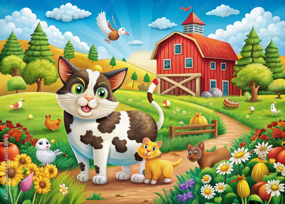 Naklejka premium Cartoon Cat Farm Scene with Double Exposure Effect for Children’s Illustrations - Playful Animal Theme, Isolated Background, Fun Name Template Design
