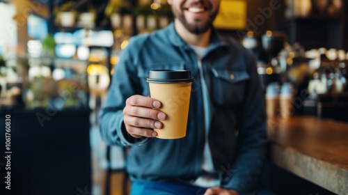 A man is casually sitting at a bar while holding a cup of coffee