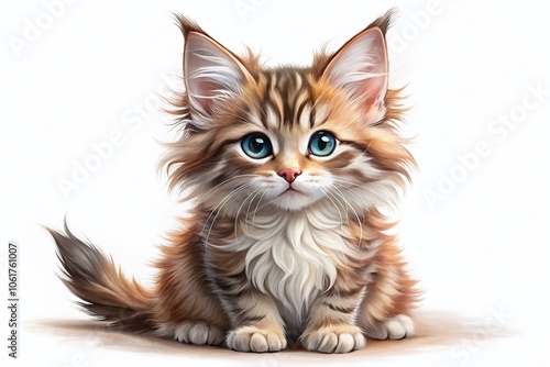 Cartoon Maine Coon Kitten Isolated on White Background, Adorable Feline Character, Playful and Colorful Design, Cute Pet Illustration, Perfect for Kids' Decor and Merchandise photo