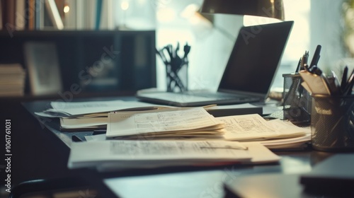 Close-up of office desk with documents and laptop, creating a productive business workspace background