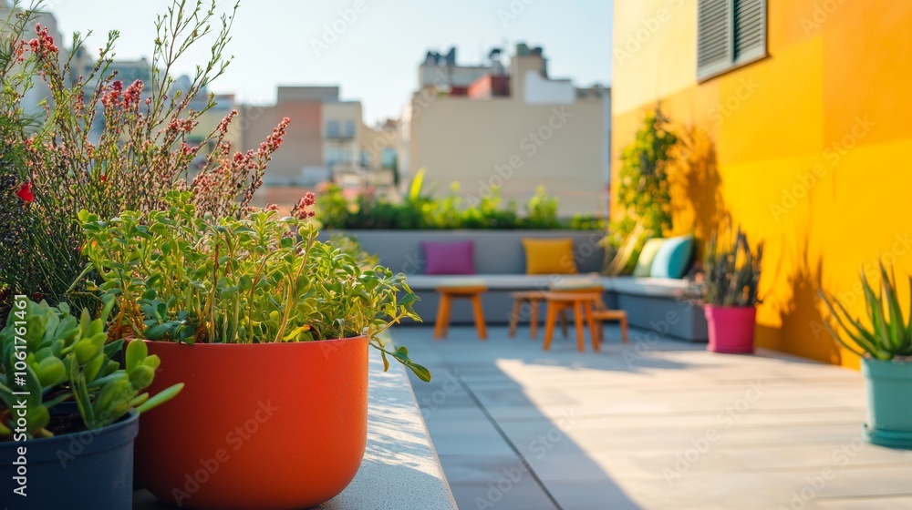 Obraz premium Colorful rooftop terrace with plants and seating background