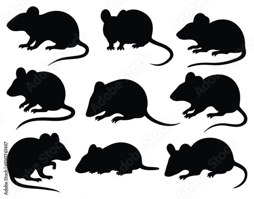 Set of nine black mouse silhouettes in various poses. isolated vector on white background.