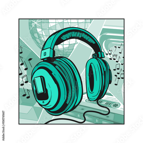 Large studio headphones on the background of various accessories of the 80s. Vector illustration