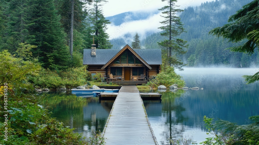 Fototapeta premium Tranquil Lakeside Cabin in Serene Nature Setting