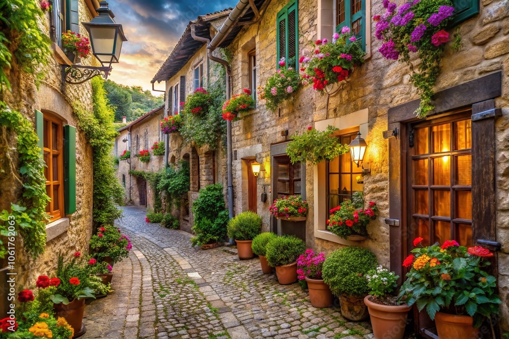 Fototapeta premium Charming Narrow Street in an Old Village with Traditional Houses and Cobblestone Pathway - European Architecture, Historic Charm, Quaint Village Life